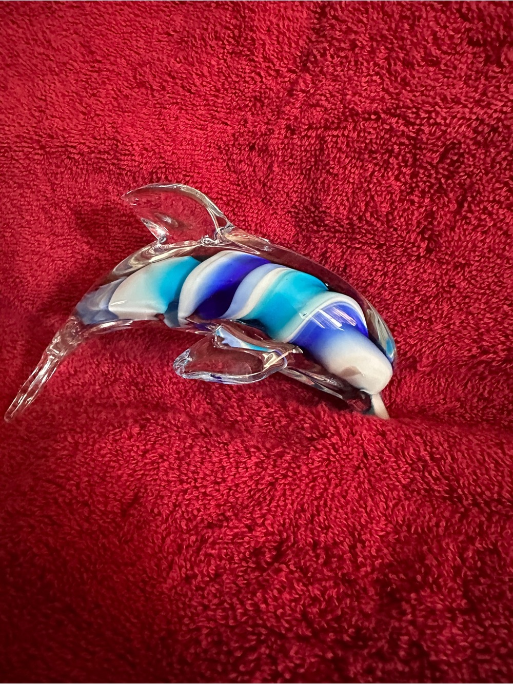 Blue & White Striped Glass Dolphin Figurine for Fish Decor